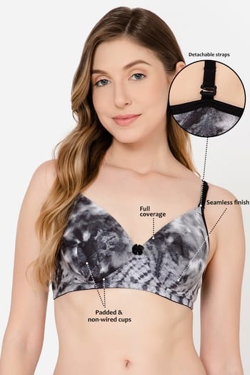 Clovia Padded Non-Wired Full Coverage Tie-Dye Print T-shirt Bra in Grey - Cotton