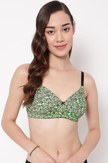 Clovia Padded Non-Wired Full Cup Animal Print T-shirt Bra in Green