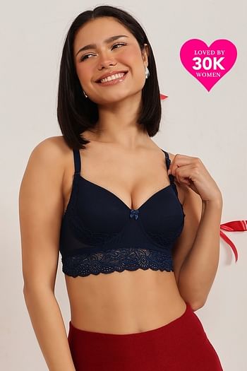 Front listing image for Padded Non-Wired Full Cup Bralette in Dark Blue - Lace