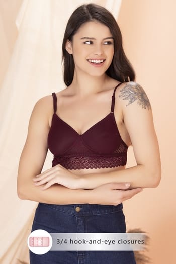 Clovia Padded Non-Wired Longline Bralette in Burgundy- Lace