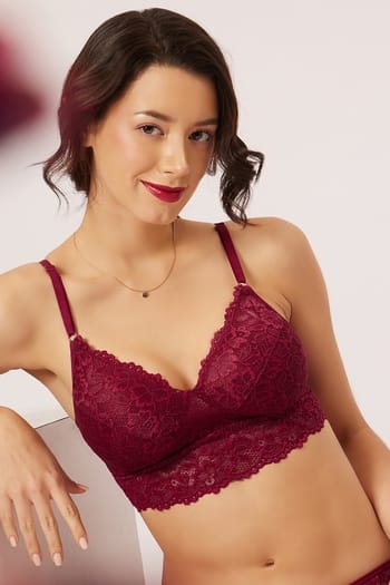 Clovia Padded Non-Wired Longline Bralette in Maroon - Lace