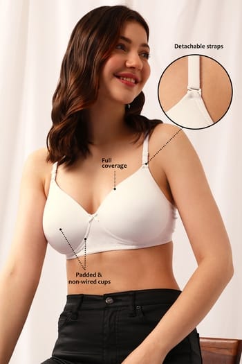 Clovia Padded Non-Wired Full Coverage T-shirt Bra in White - Cotton