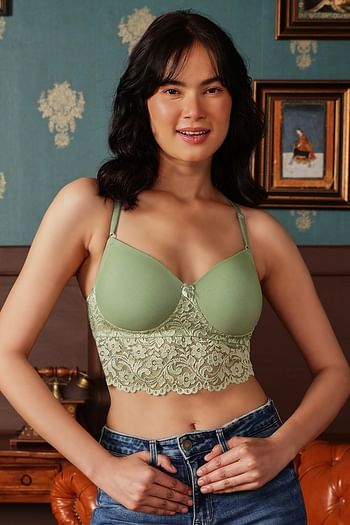 Front listing image for Padded Non-Wired Racerback Longline Bralette in Sage Green - Lace	