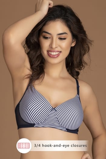 Clovia Padded Non-Wired Full Cup Striped T-Shirt Bra in Navy