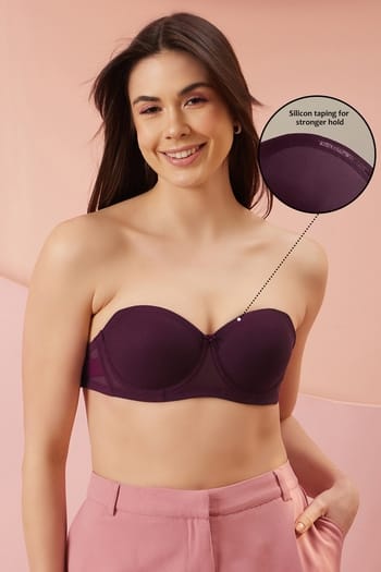 Clovia Invisi Padded Underwired Full Coverage Strapless Bra in Wine Colour with Transparent Straps