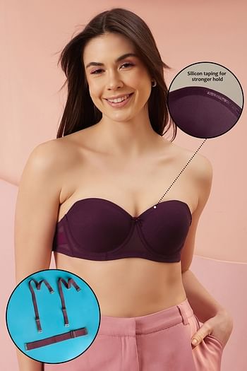 Front listing image for Invisi Padded Underwired Full Coverage Strapless Bra in Wine Colour with Transparent & Material Straps and Bands