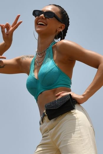 Back listing image for Padded Underwired Demi Cup Halter-Neck Bridal Bralette in Turquoise - Lace