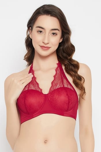 Clovia Padded Underwired Full Cup Halterneck Bridal Bralette in Red - Lace