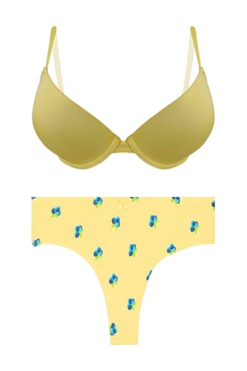 Clovia Padded Underwired Demi Cup Plunge Bra & Low Waist Fruit Print Thong Set in Yellow