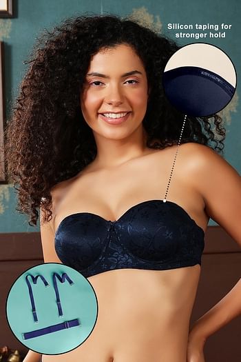 Front listing image for Invisi Padded Wired Full Coverage Strapless Bra in Navy with Transparent & Material Straps & Bands