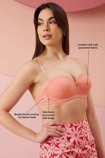 Back listing image for Padded Underwired Demi Cup Strapless Bra in Peach Colour with Transparent & Material Straps & Bands