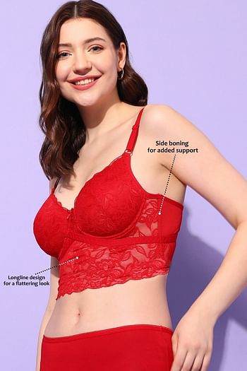Back listing image for Padded Underwired Full Coverage Longline Bralette in Red - Lace