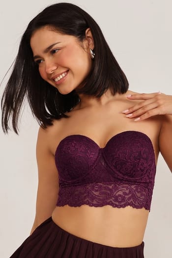 Clovia Padded Underwired Full Coverage Multiway Longline Bralette in Dark Purple with Balconette Style - Lace