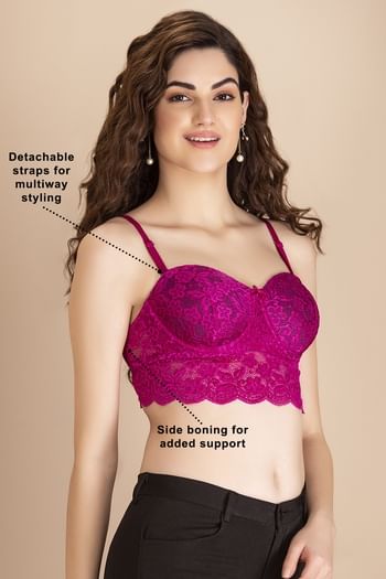 Back listing image for Padded Underwired Full Cup Longline Bralette in Dark Pink with Detachable Straps - Lace