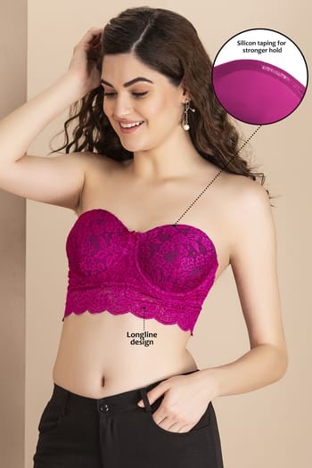 Clovia Padded Underwired Full Cup Longline Bralette in Dark Pink with Detachable Straps - Lace