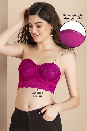 Front listing image for Padded Underwired Full Cup Longline Bralette in Dark Pink with Detachable Straps - Lace