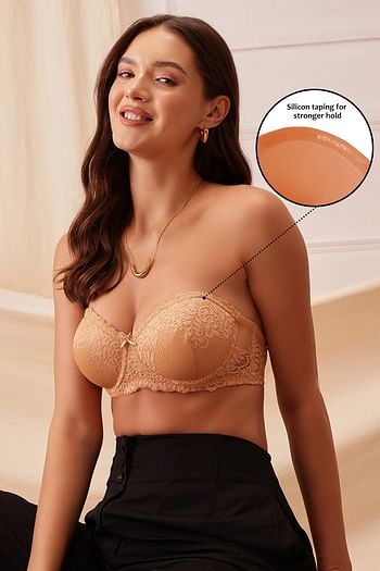 Front listing image for Padded Underwired Full Coverage Multiway Strapless Balconette Bra in Nude Colour - Lace