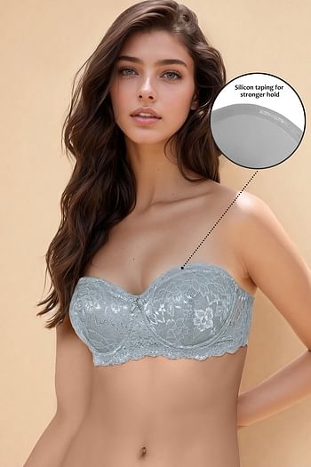 Front listing image for Padded Underwired Full Coverage Multiway Strapless Balconette Bra in Light Grey - Lace