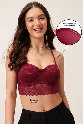 Front listing image for Padded Underwired Full Coverage Multiway Longline Bralette in Maroon - Lace