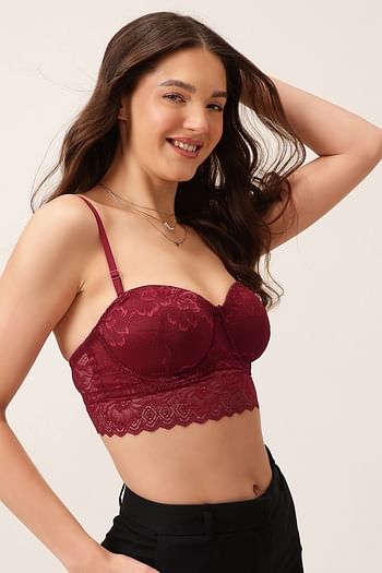 Back listing image for Padded Underwired Full Coverage Multiway Longline Bralette in Maroon - Lace