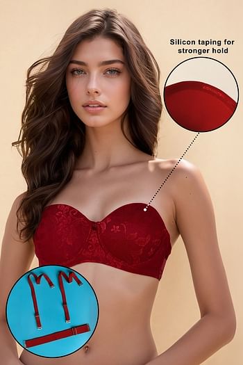 Front listing image for Invisi Padded Wired Full Coverage Strapless Bra in Maroon with Transparent & Material Straps & Bands