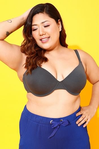 Front listing image for Padded Underwired Demi Cup T-shirt Bra in Grey - Cotton 