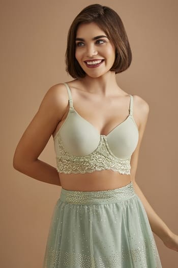 Clovia Padded Underwired Longline Bralette in Sage Green - Lace