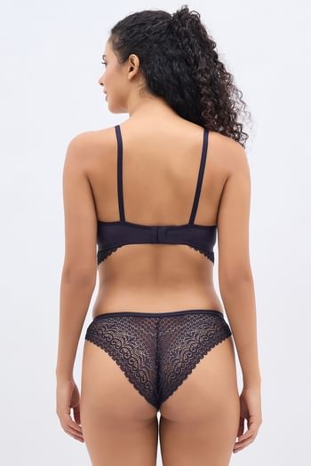 Back listing image for Padded Underwired Longline Bralette & Low Waist Bikini Panty in Navy - Lace