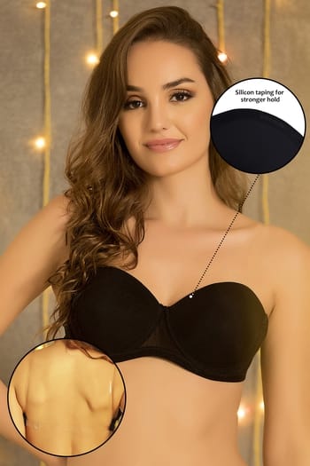 Clovia Invisi Padded Underwired Full Coverage Strapless Bra in Black with Transparent Straps