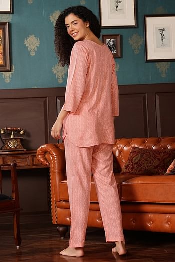 Back listing image for Geometric Print Kurta Top & Pyjama Set in Peach Colour - Rayon