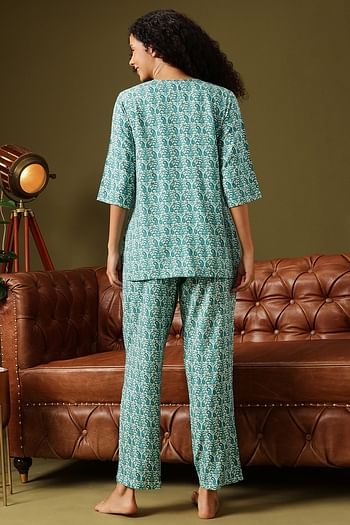 Back listing image for Paisley Print Kurta Top & Pyjama Set in Teal Blue - Rayon