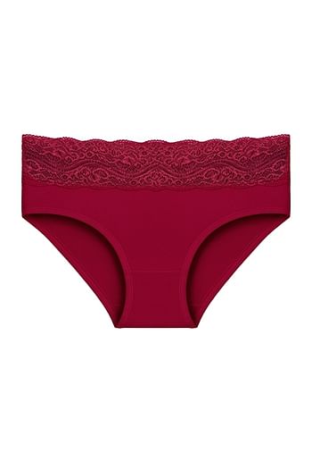 Front listing image for Mid Waist Hipster Panty in Dark Pink with Lace Waistband - Cotton