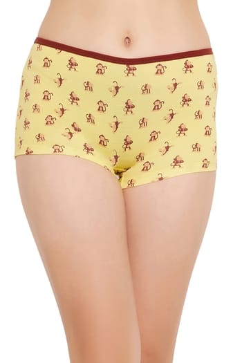 Clovia Mid Waist Monkey Print Boyshorts in Yellow - Cotton
