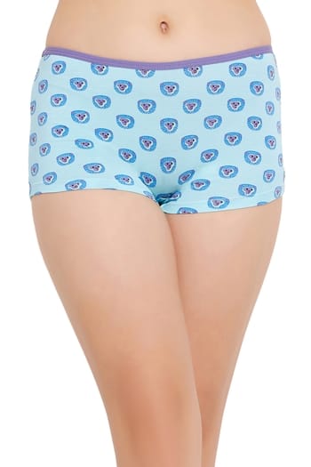 Clovia Mid Waist Monkey Print Boyshorts in Sky Blue - Cotton