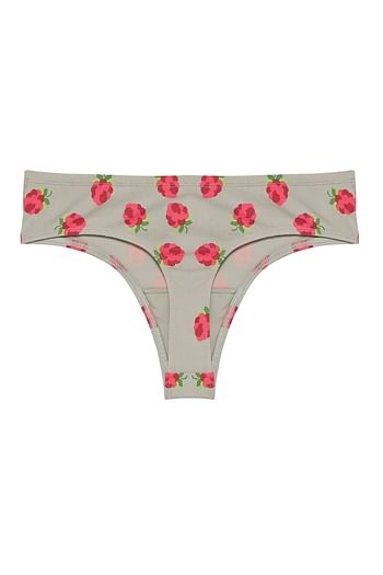 Back listing image for Low Waist Fruit Print Thong in Light Grey with Inner Elastic - Cotton