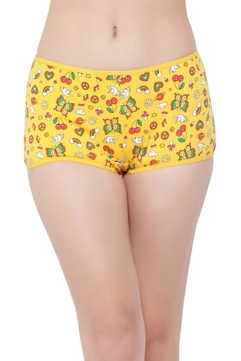 Clovia Mid Waist Printed Boyshorts in Yellow - Cotton