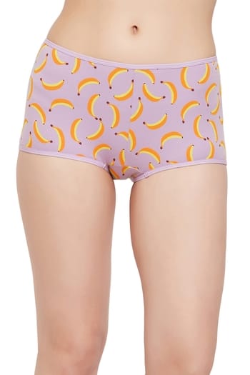 Clovia Mid Waist Fruit Print Boyshorts in Lilac - Cotton
