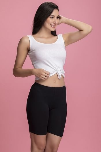 Back listing image for Mid-Waist Snug Fit Cycling Shorts in Black - Cotton	