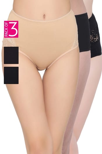 Clovia Pack of 3 High Waist Hipster Panties with Lace Panels - Cotton