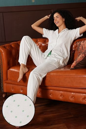 Front listing image for Polka-Print Button-Down Shirt & Pyjama Set in White - 100% Cotton