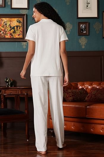 Back listing image for Polka-Print Button-Down Shirt & Pyjama Set in White - 100% Cotton