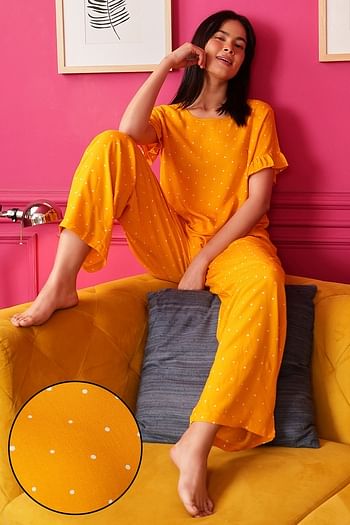 Front listing image for Polka Print Top & Pyjama Set in Mustard - Rayon