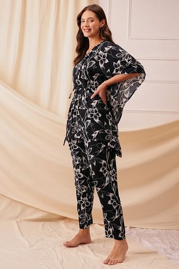 Back listing image for Pretty Floral Printed Kaftan & Pyjama Set in Black - Rayon