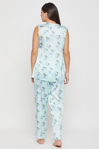Back listing image for Pretty Florals Angrakha Top & Pyjama Set in Baby Blue - Satin