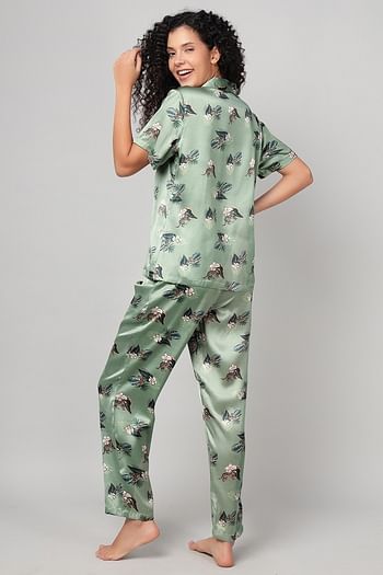 Back listing image for Pretty Florals Button-Down Shirt & Pyjama Set in Jade Green - Satin