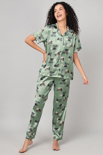 Front listing image for Pretty Florals Button-Down Shirt & Pyjama Set in Jade Green - Satin