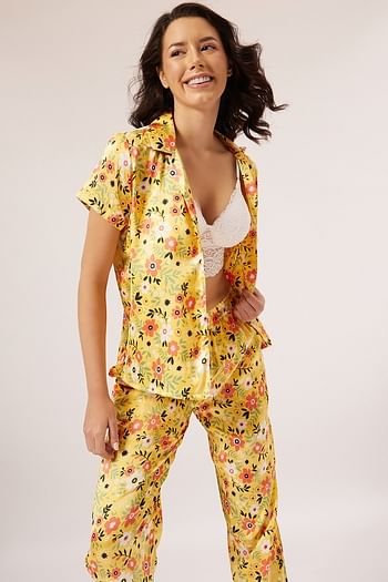 Back listing image for Pretty Florals Button Down Shirt & Pyjama Set in Yellow - Satin	