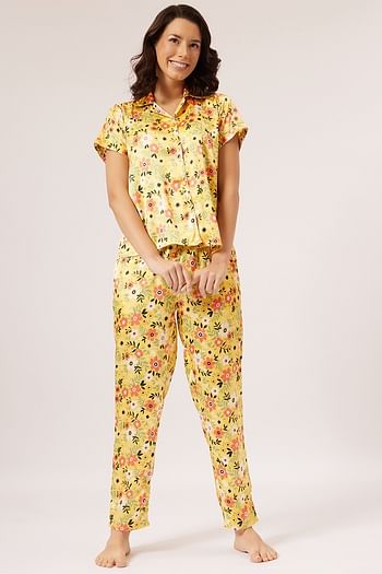 Front listing image for Pretty Florals Button Down Shirt & Pyjama Set in Yellow - Satin	