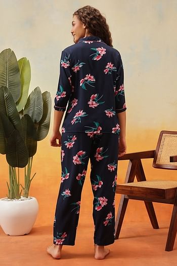 Back listing image for Pretty Florals Button Down Shirt & Pyjama Set in Navy - Rayon