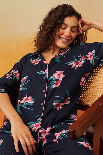 Front listing image for Pretty Florals Button Down Shirt & Pyjama Set in Navy - Rayon